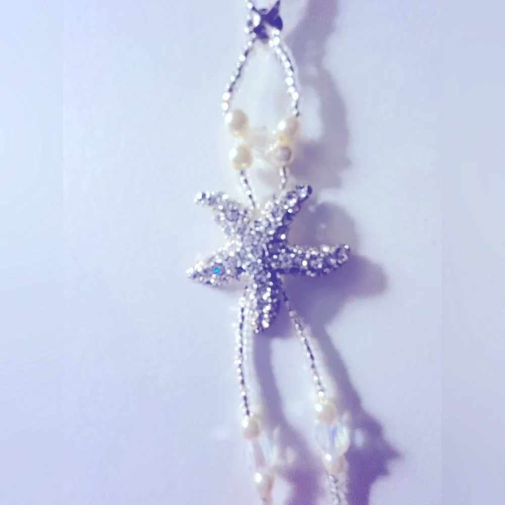 Eyeglass or ID button loop holder Rhinestone Starfish w seed beads, adjustable